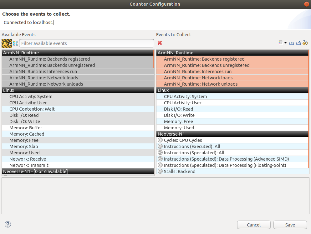 Arm NN events in the counter configuration menu